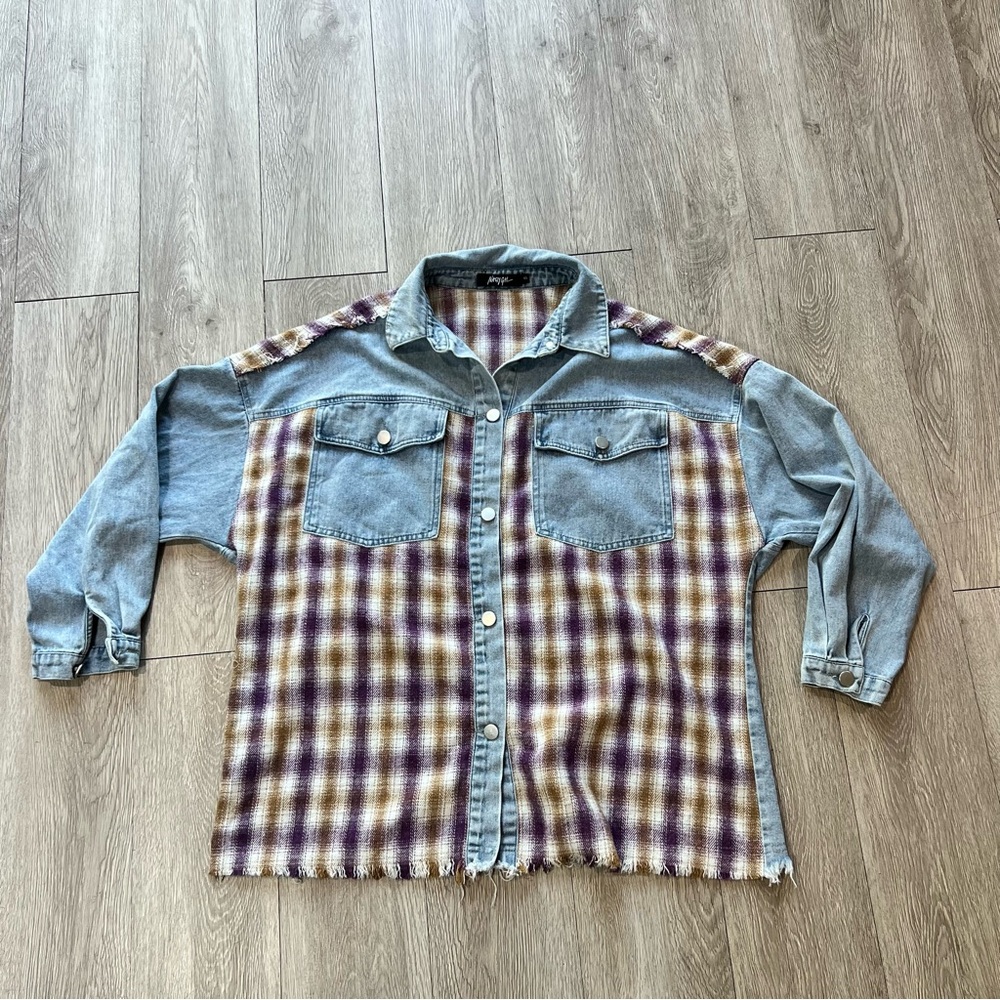 Nasty Gal Plaid and Denim Button Down Shirt